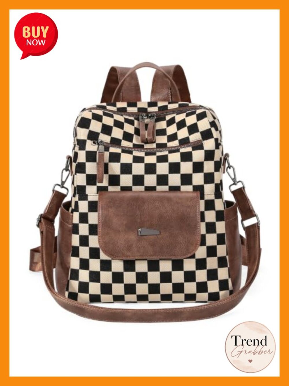 Canvas Faux Leather Checkered Backpack Purse Water Repellent Daypack